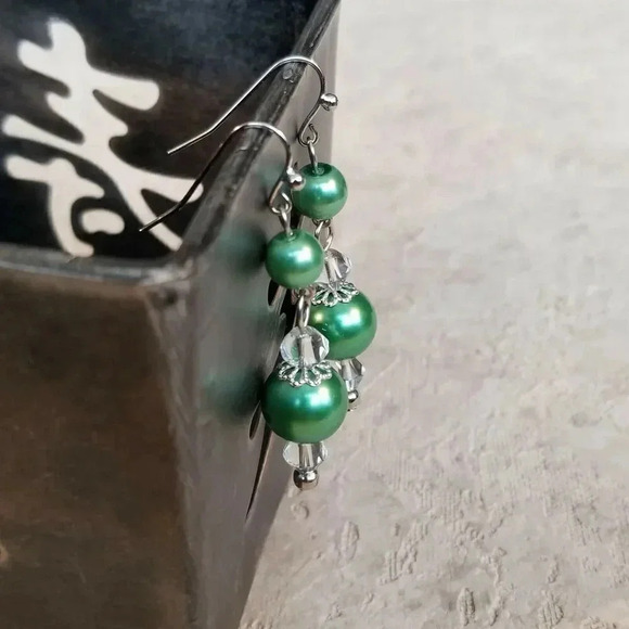 Artisan Glossy Green Glass Pearl Clear Crystal Silver Plated Dangle Earrings - Picture 3 of 4